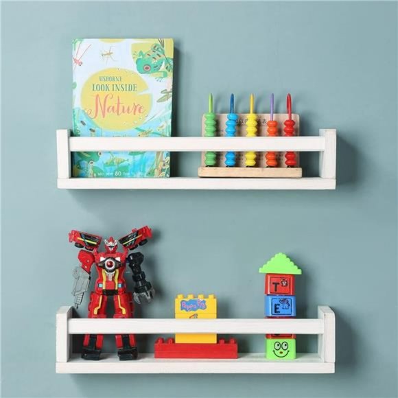 Nursery Book Shelves, Set of 2 Wood Floating Book Shelves for Kids, Rustic White - Picture 9 of 12